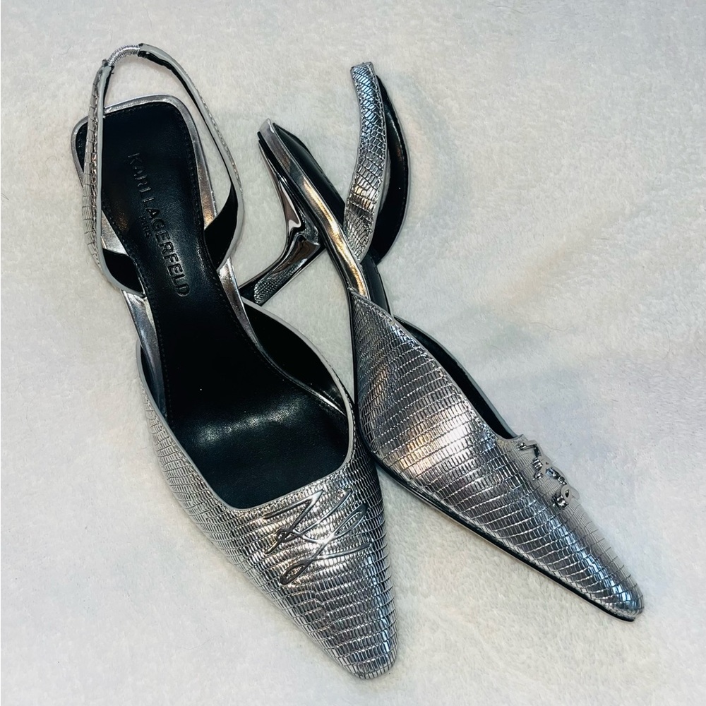 Karl Lagerfeld Aline Silver Leather Slingback Heels sz 7.5